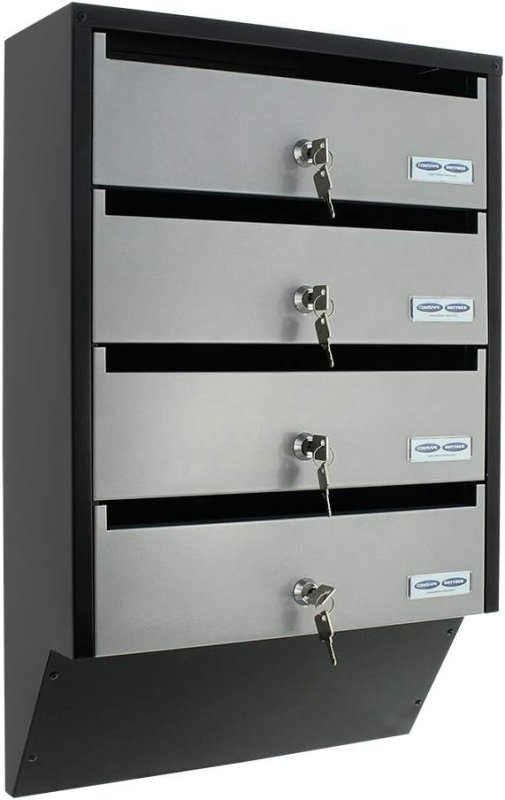 Rottner Depot 4 Letterbox System Silver Black Steel Plate Name Tag Holder Cylinder Lock 2 Keys Each for 4 Units Mounting Materials - Wall - Mount Mailboxes - British D'sire Main image