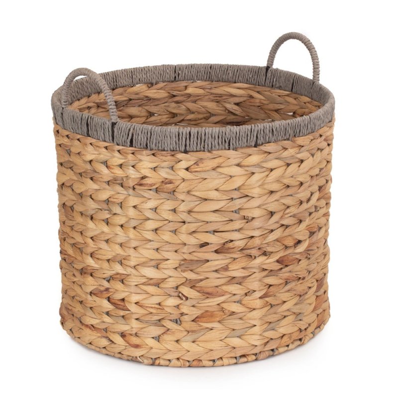 Round Water Hyacinth Basket With Grey Rope Border - Storage Baskets - British D'sire