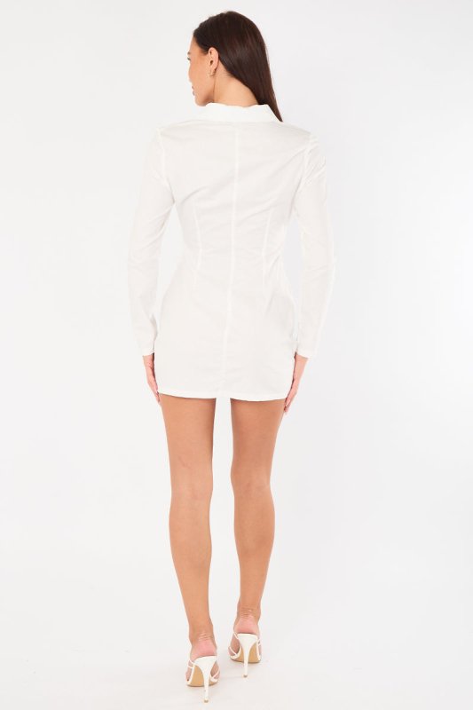 Ruched White Shirt Dress – Long Sleeve Button Fasten - Dresses - British D'sire