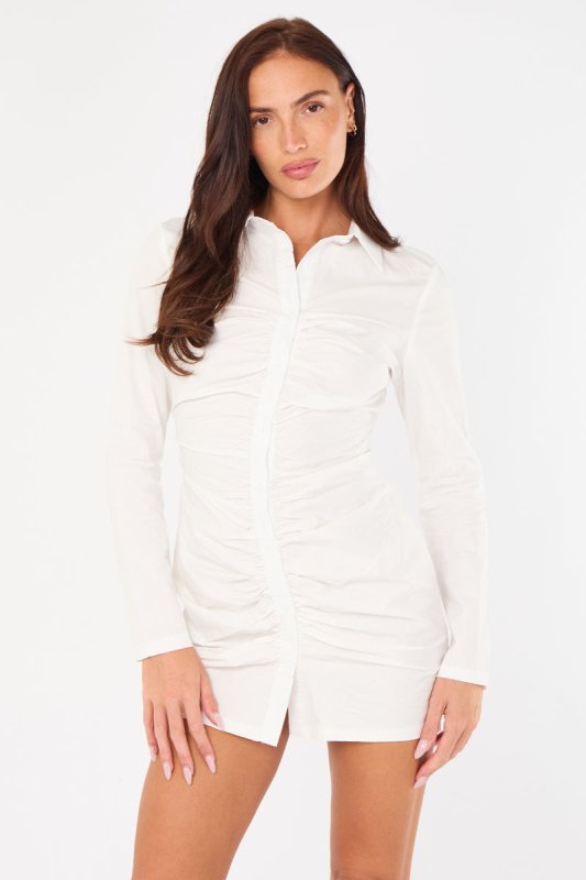 Ruched White Shirt Dress – Long Sleeve Button Fasten - Dresses - British D'sire