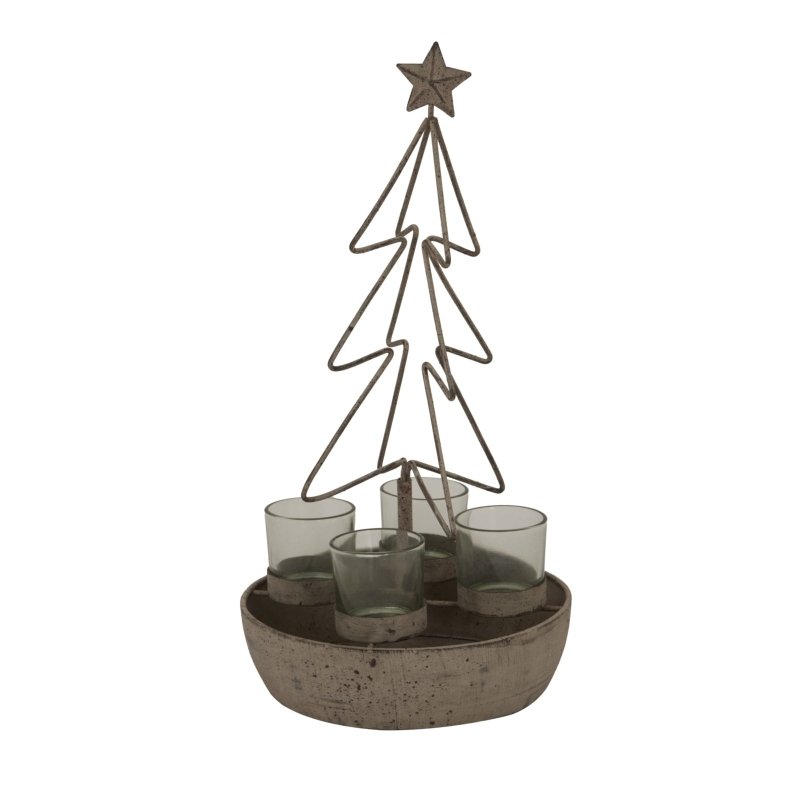 Rustic Outline Tree And Star With Four Glass Votives - Christmas Decor - British D'sire