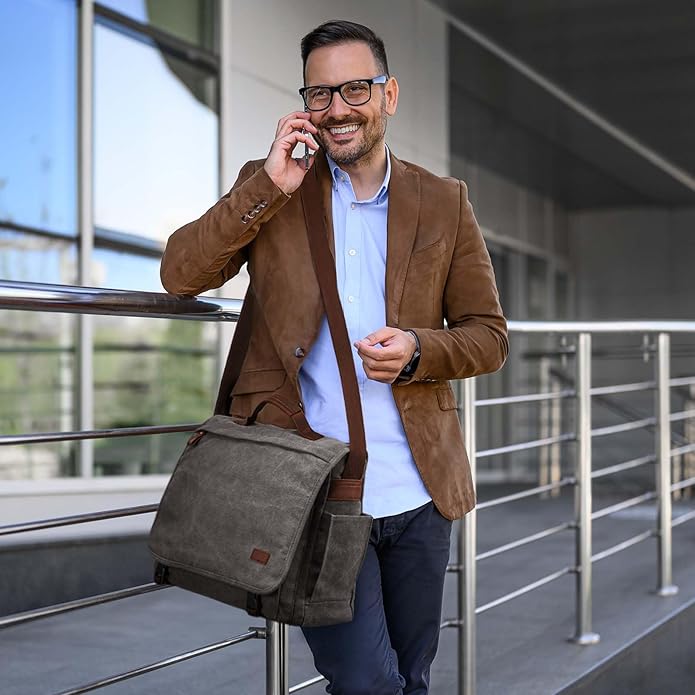 S-ZONE 17.3 Inches Laptop Messenger Bag Extra Large Men Canvas Briefcase Crossbody Satchel Shoulder Bag with Luggage Sleeve Secondary image