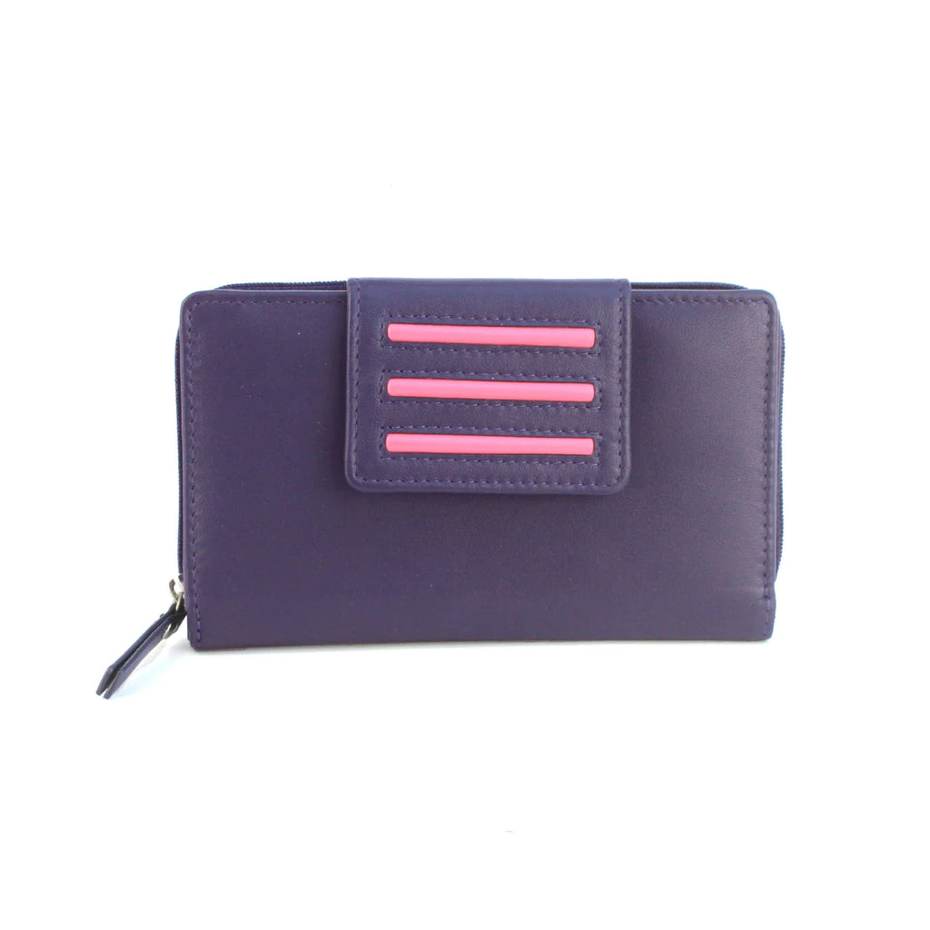 Genuine Soft Leather Purse RFID protection Tab Detail Pink & Purple