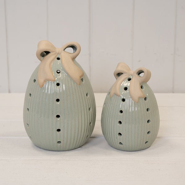 Sage Green Ceramic Egg with Bow Large with LED Timer - Figurines - British D'sire