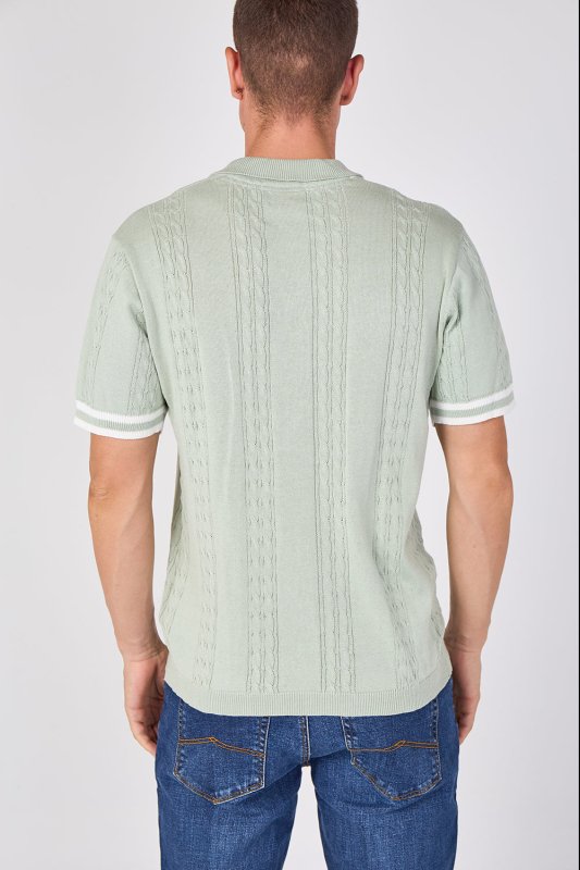 Sage Green Textured Knitted Button-Through Polo Shirt - British D'sire