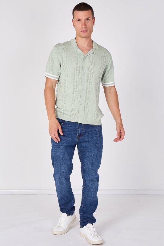 Sage Green Textured Knitted Button-Through Polo Shirt Secondary image
