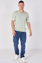 Sage Green Textured Knitted Button-Through Polo Shirt - British D'sire