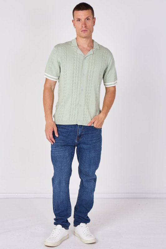 Sage Green Textured Knitted Button-Through Polo Shirt - British D'sire Main image