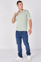 Sage Green Textured Knitted Button-Through Polo Shirt - British D'sire