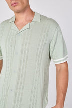 Sage Green Textured Knitted Button-Through Polo Shirt - British D'sire