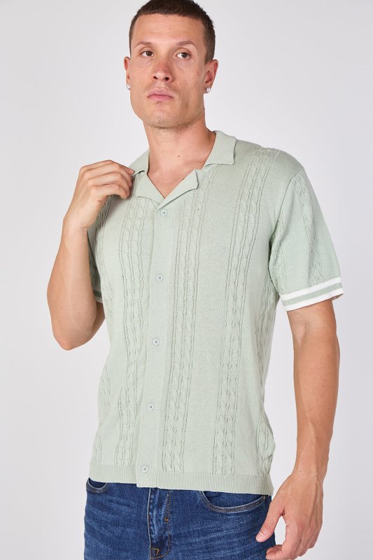 Sage Green Textured Knitted Button-Through Polo Shirt - British D'sire