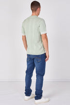Sage Green Textured Knitted Button-Through Polo Shirt - British D'sire