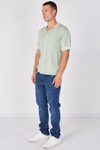 Sage Green Textured Knitted Button-Through Polo Shirt - British D'sire
