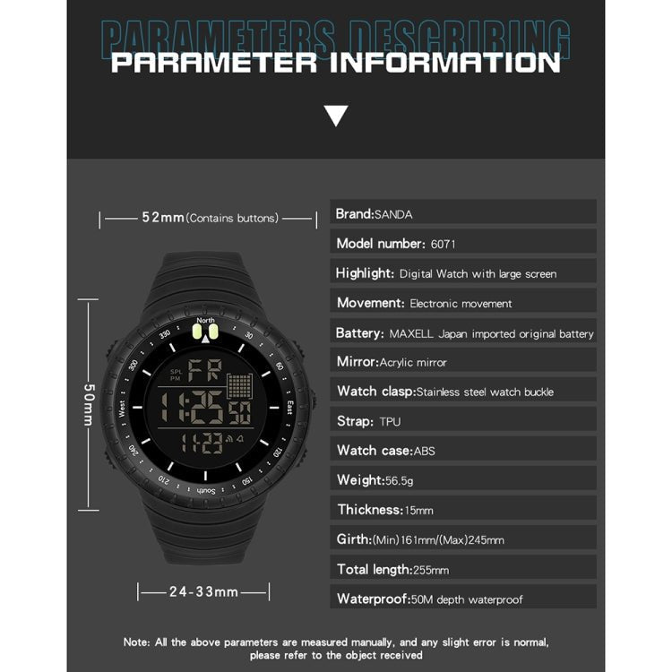 SANDA 6071 Three-split Screen LED Digital Display Luminous Stopwatch Timing Multifunctional Men Sports Electronic Watch(Black White) - British D'sire