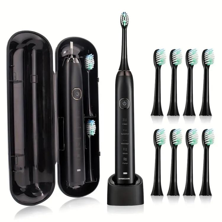 Sarmocare S100 IPX7 Waterproof Portable Sonic Electric Toothbrush with 8 - brush Heads(Black) - British D'sire