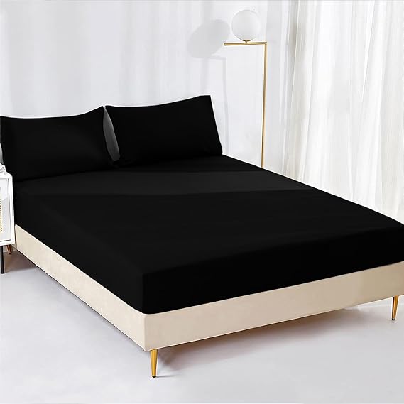 Sassia AR Ware Double Fitted Sheet – 25cm Deep Ultra Soft Microfiber Elastic Bed Sheet | Wrinkle - Free, Non - Iron, Fade - Resistant Design | Easy - Care Fitted Sheet in Black for Comfortable & Stylish Bedroom Décor - Microfiber Elastic Fitted Bed Sheets - British D'sire