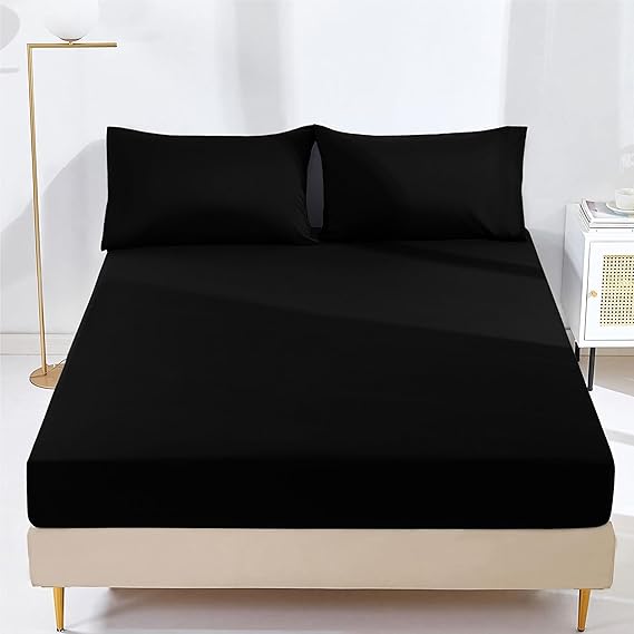 Sassia AR Ware Double Fitted Sheet – 25cm Deep Ultra Soft Microfiber Elastic Bed Sheet | Wrinkle - Free, Non - Iron, Fade - Resistant Design | Easy - Care Fitted Sheet in Black for Comfortable & Stylish Bedroom Décor - Microfiber Elastic Fitted Bed Sheets - British D'sire