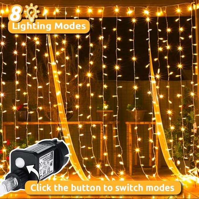 Sassia Dekofun 300 LED Curtain Fairy Lights – 3m x 3m Waterproof Outdoor String Lights | Mains Powered with 8 Modes for Gazebo, Pergola, Wedding & Wall Decorations | Durable, Versatile Lighting for Indoor & Outdoor Use - LED Lights - British D'sire