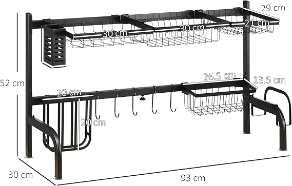 Sassia HOMCOM Large Dish Drainer Rack, 2 - Tier Adjustable Over - The - Sink Design (51 - 93cm) | Space - Saving Kitchen Counter Shelf Organizer | Black Finish for Efficient Storage | Ideal for Small Kitchens & Streamlined Organization - Large Dish Drainer Rack - British D'sire