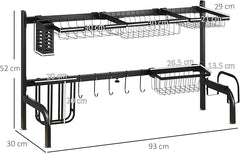 Sassia HOMCOM Large Dish Drainer Rack, 2 - Tier Adjustable Over - The - Sink Design (51 - 93cm) | Space - Saving Kitchen Counter Shelf Organizer | Black Finish for Efficient Storage | Ideal for Small Kitchens & Streamlined Organization - Large Dish Drainer Rack - British D'sire