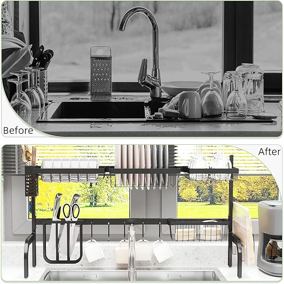 Sassia HOMCOM Large Dish Drainer Rack, 2 - Tier Adjustable Over - The - Sink Design (51 - 93cm) | Space - Saving Kitchen Counter Shelf Organizer | Black Finish for Efficient Storage | Ideal for Small Kitchens & Streamlined Organization - Large Dish Drainer Rack - British D'sire