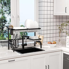 Sassia HOMCOM Large Dish Drainer Rack, 2 - Tier Adjustable Over - The - Sink Design (51 - 93cm) | Space - Saving Kitchen Counter Shelf Organizer | Black Finish for Efficient Storage | Ideal for Small Kitchens & Streamlined Organization - Large Dish Drainer Rack - British D'sire