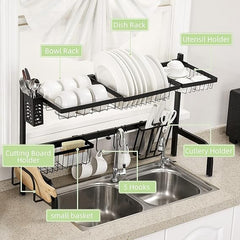 Sassia HOMCOM Large Dish Drainer Rack, 2 - Tier Adjustable Over - The - Sink Design (51 - 93cm) | Space - Saving Kitchen Counter Shelf Organizer | Black Finish for Efficient Storage | Ideal for Small Kitchens & Streamlined Organization - Large Dish Drainer Rack - British D'sire