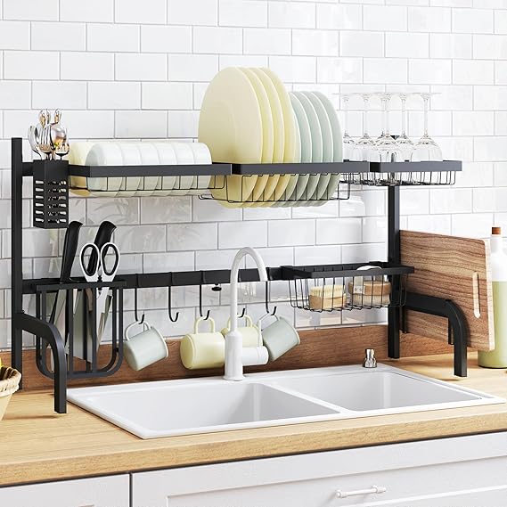 Sassia HOMCOM Large Dish Drainer Rack, 2 - Tier Adjustable Over - The - Sink Design (51 - 93cm) | Space - Saving Kitchen Counter Shelf Organizer | Black Finish for Efficient Storage | Ideal for Small Kitchens & Streamlined Organization - Large Dish Drainer Rack - British D'sire