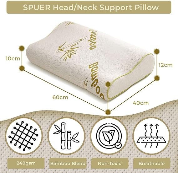 Sassia Maqash Bamboo Memory Foam Pillow Orthopedic | Large 40x60cm Contour Cervical Pillow for Neck & Shoulder Pain Relief | Best for Side Sleepers | Ergonomic Design with Bamboo Cover for Comfort & Support - Orthopaedic Pillow - British D'sire