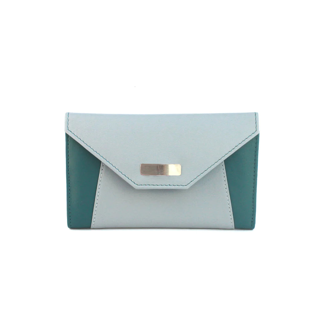 Genuine Soft Leather Purse RFID with contrast envelope style panels and metal bar Aqua & Grey