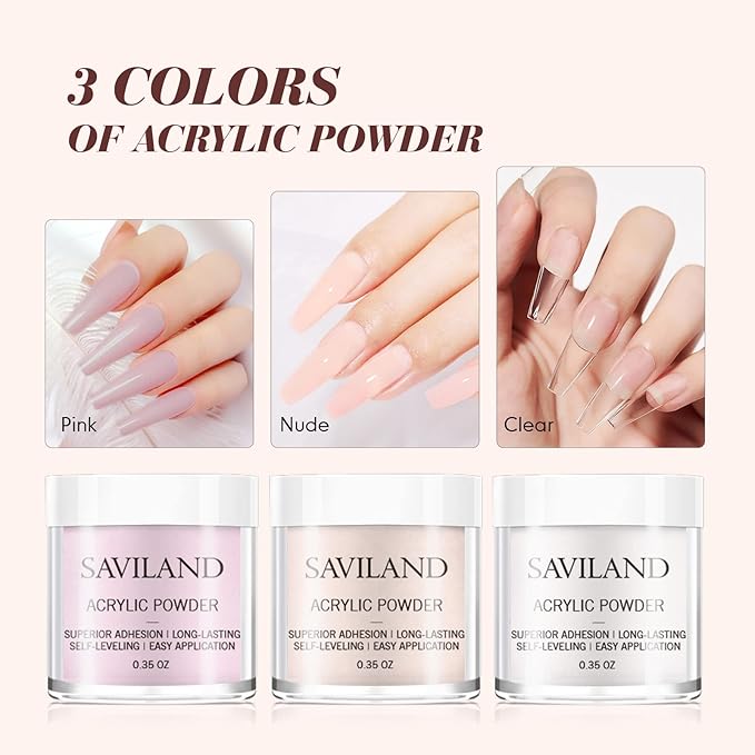 Saviland Acrylic Nail Kit - Acrylic Powder and Acrylic Liquid with Acrylic Nail Brush Set, 3 Colors Pink Nudes Clear Nail Acrylic Powder Set for Acrylic Nails Extension - Acrylic Powders - British D'sire