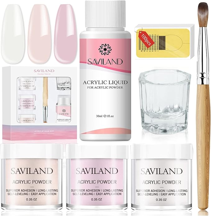 Saviland Acrylic Nail Kit - Acrylic Powder and Acrylic Liquid with Acrylic Nail Brush Set, 3 Colors Pink Nudes Clear Nail Acrylic Powder Set for Acrylic Nails Extension - Acrylic Powders - British D'sire