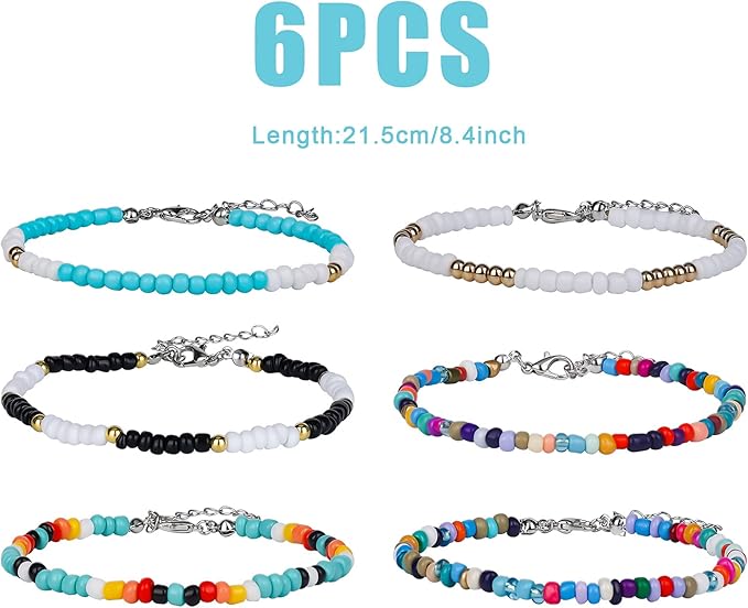 SAVITA 6 Pieces Handmade Beaded Anklets for Women Colorful Bohemian Glass Beads Ankle Wrap Bracelets String Adjustable Elastic (8" to 10") Secondary image