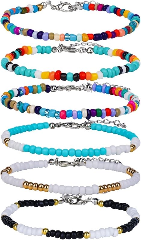 SAVITA 6 Pieces Handmade Beaded Anklets for Women Colorful Bohemian Glass Beads Ankle Wrap Bracelets String Adjustable Elastic Thread Gifts for Women Girls Beach Vacation (8" to 10") - Women's Anklets - British D'sire Main image