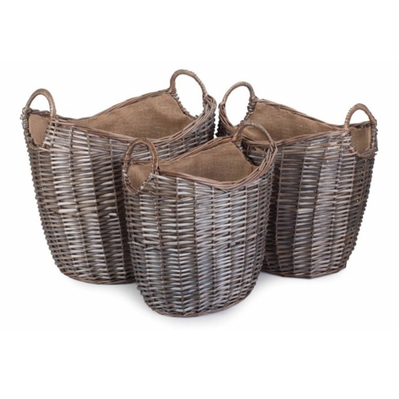 Scoop Neck Antique Wash Hessian Lined Wicker Log Basket - Log Baskets - British D'sire Main image