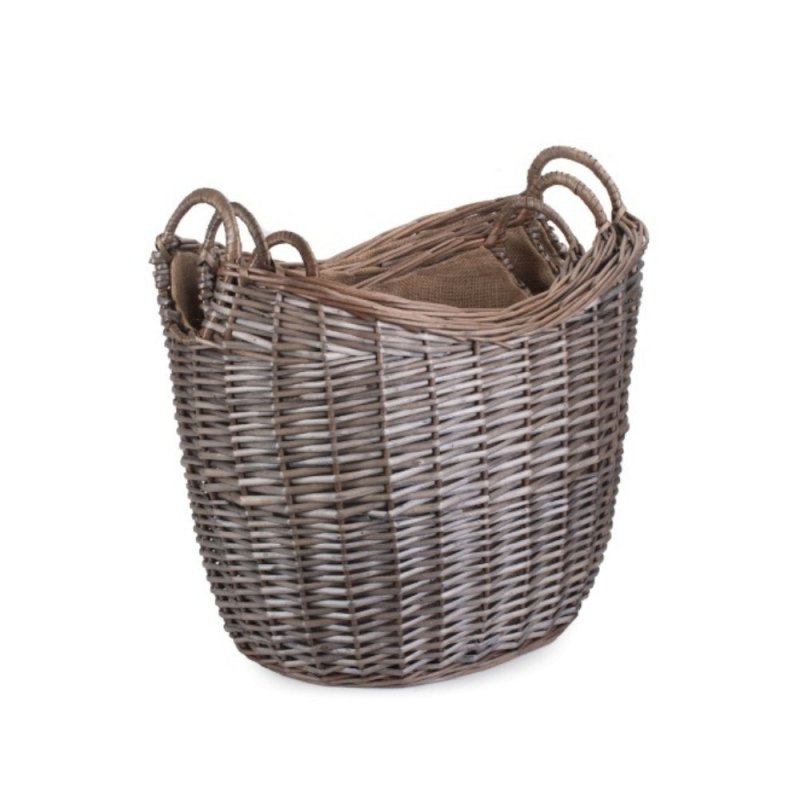 Scoop Neck Antique Wash Hessian Lined Wicker Log Basket Secondary image