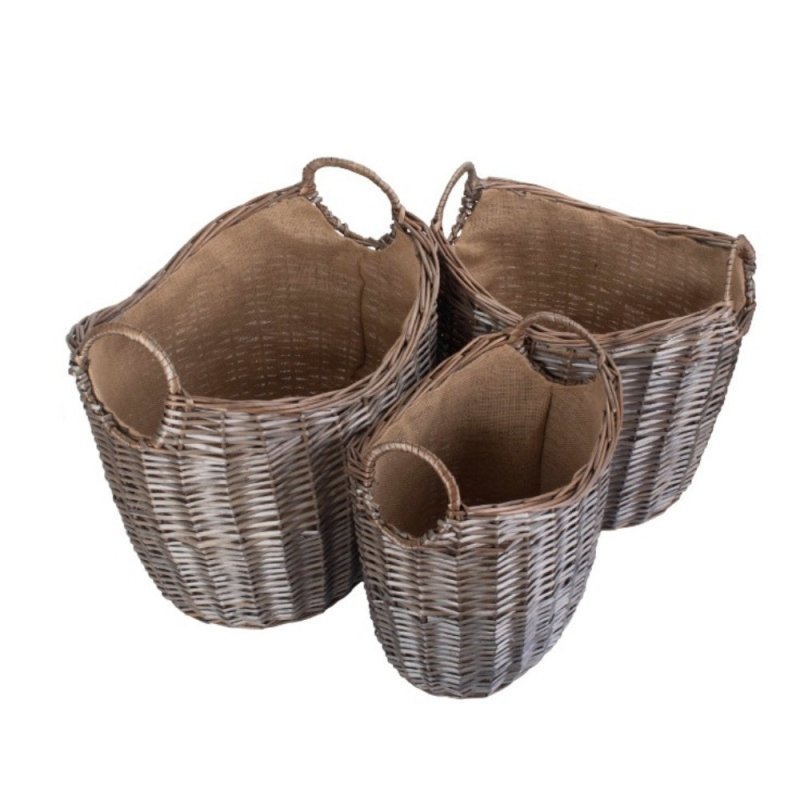 Scoop Neck Antique Wash Hessian Lined Wicker Log Basket - Log Baskets - British D'sire