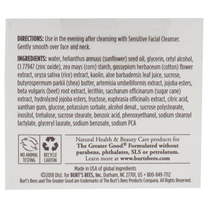 Sensitive Night Cream by Burts Bees for Unisex - 1.8 oz Cream - Cream - British D'sire
