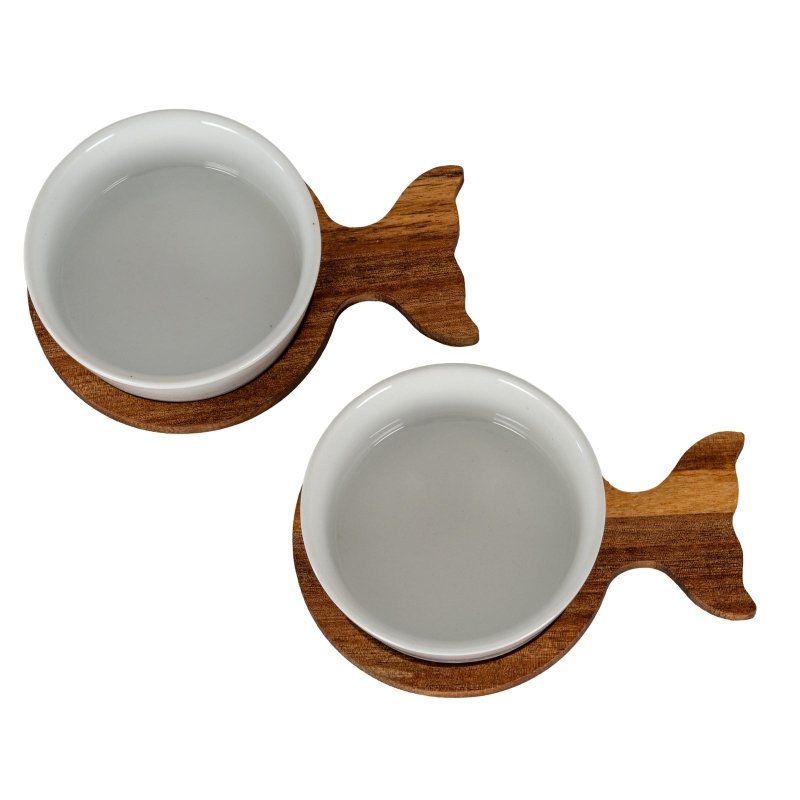 Set Of 2 Acacia Fishtail Serving Trays with Ceramic Bowls - Trinket Dish - British D'sire