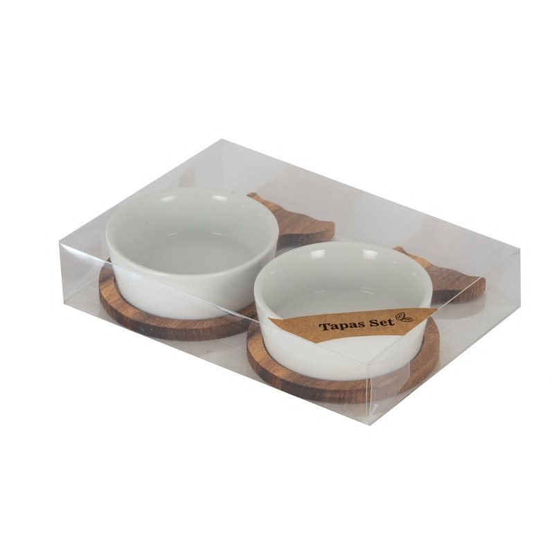 Set Of 2 Acacia Fishtail Serving Trays with Ceramic Bowls - Trinket Dish - British D'sire
