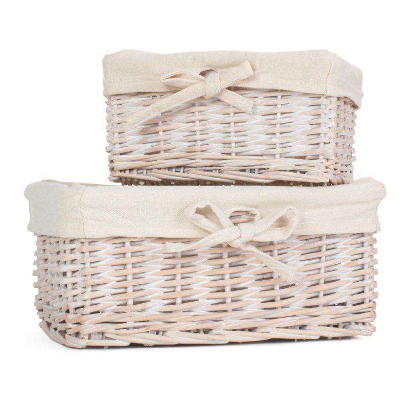Set of 2 White Wash Finish Cotton Lined Willow Tray - Storage Baskets - British D'sire
