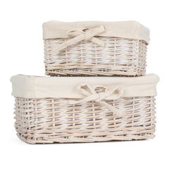 Set of 2 White Wash Finish Cotton Lined Willow Tray - Storage Baskets - British D'sire