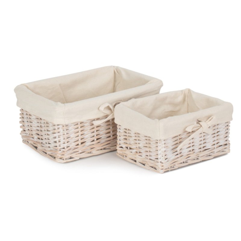 Set of 2 White Wash Finish Cotton Lined Willow Tray - Storage Baskets - British D'sire