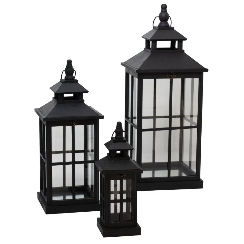 Set Of 3 Black Window Style Lanterns With Open Top - Lanterns - British D'sire Main image
