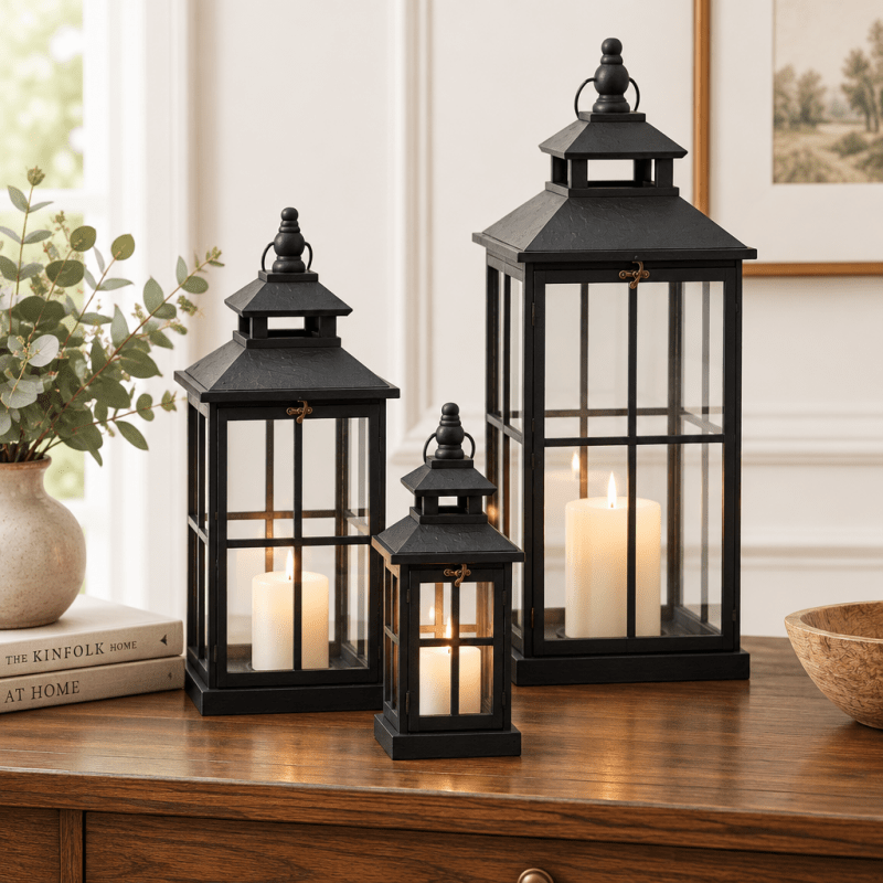Set Of 3 Black Window Style Lanterns With Open Top Secondary image