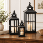 Set Of 3 Black Window Style Lanterns With Open Top - Lanterns - British D'sire