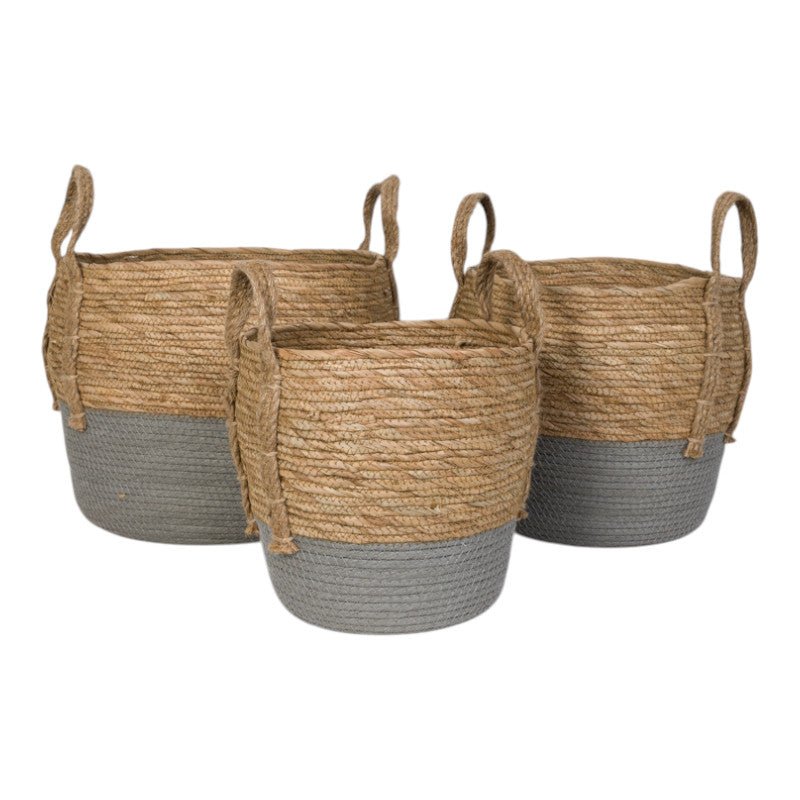 Set of 3 Straw Baskets With Grey Dipped Bottom - Home Decor - British D'sire Main image