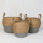 Set of 3 Straw Baskets With Grey Dipped Bottom - Home Decor - British D'sire