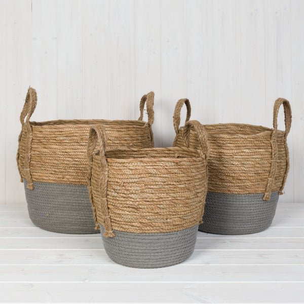 Set of 3 Straw Baskets With Grey Dipped Bottom - Home Decor - British D'sire