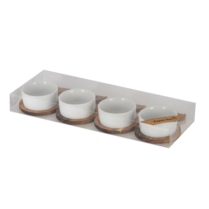 Set Of 4 Acacia Fishtail Serving Trays with Ceramic Bowls - Trinket Dish - British D'sire